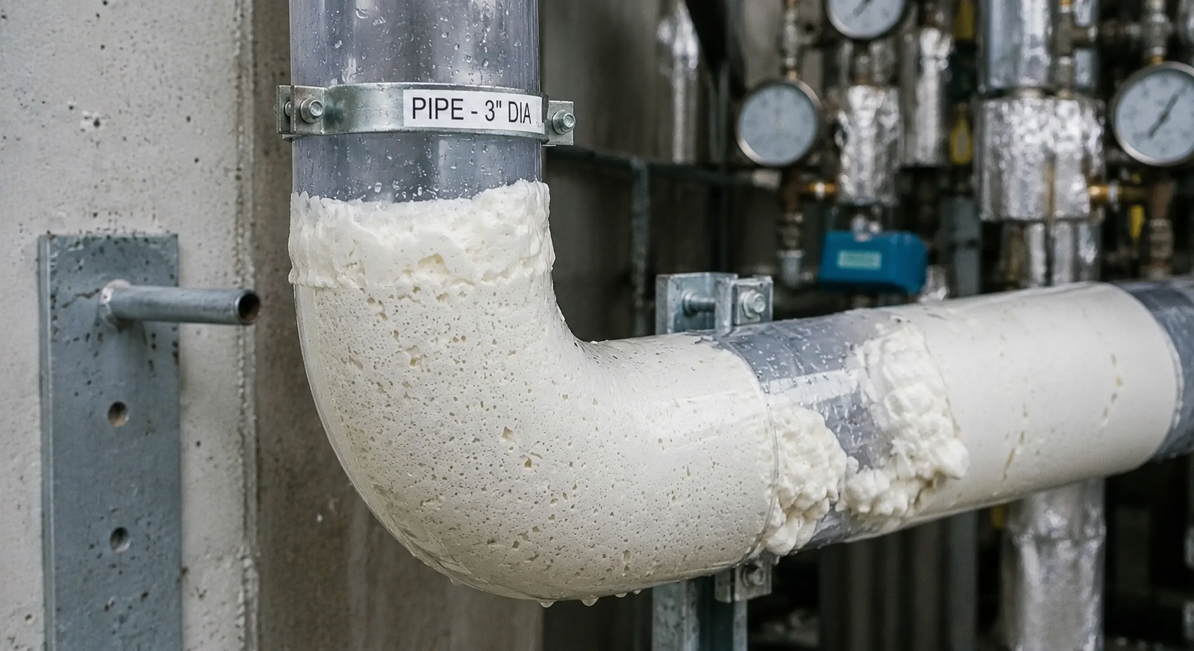 Expanding cleaning foam filling a pipe