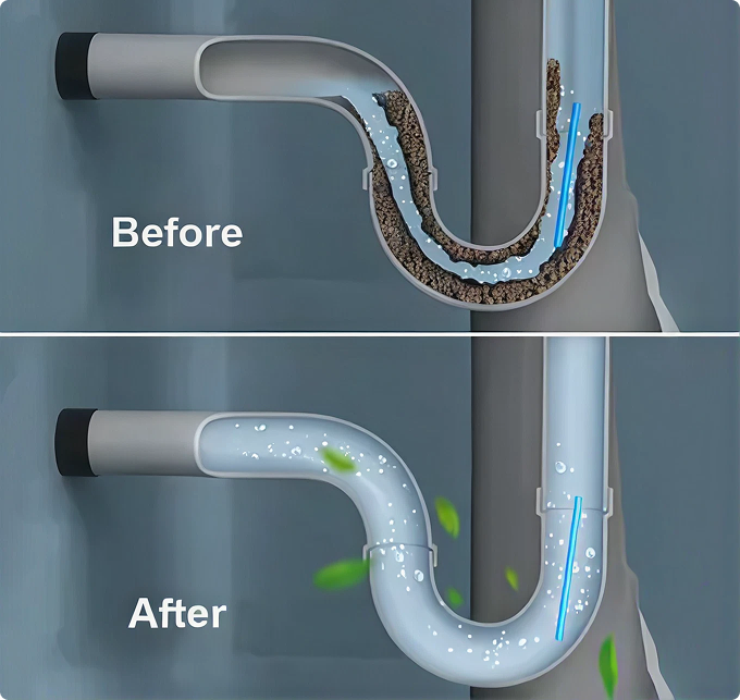 Drain pipe before and after foam cleaning